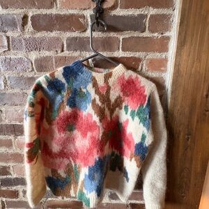 Sezane Cream Crewneck Sweater with Multicolor Floral Motif